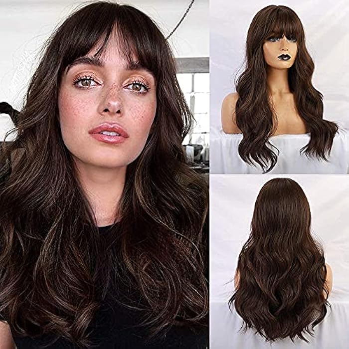 DILLARDS Emmor Long Wavy Wigs With Bangs, Heat Resistant Synthetic Wigs For Daily/Party/Cosplay (24 Inch, Dark Brown) - Image 5